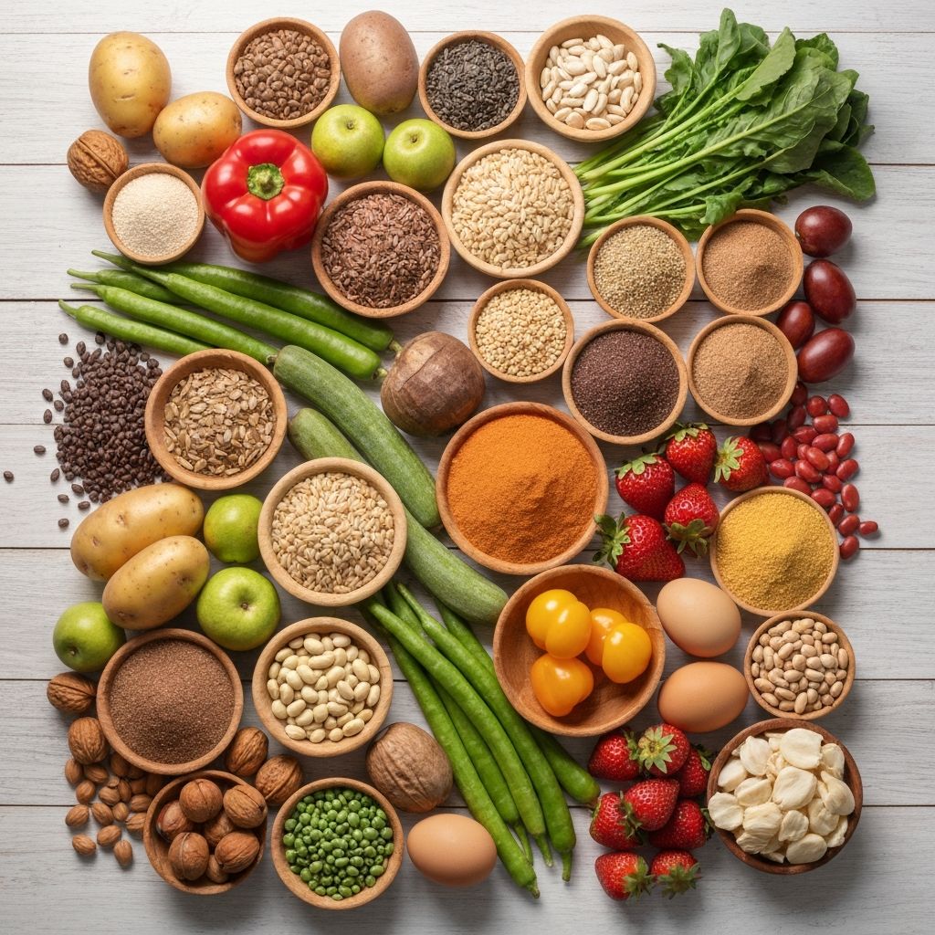 A diverse array of fresh whole foods arranged on a clean surface