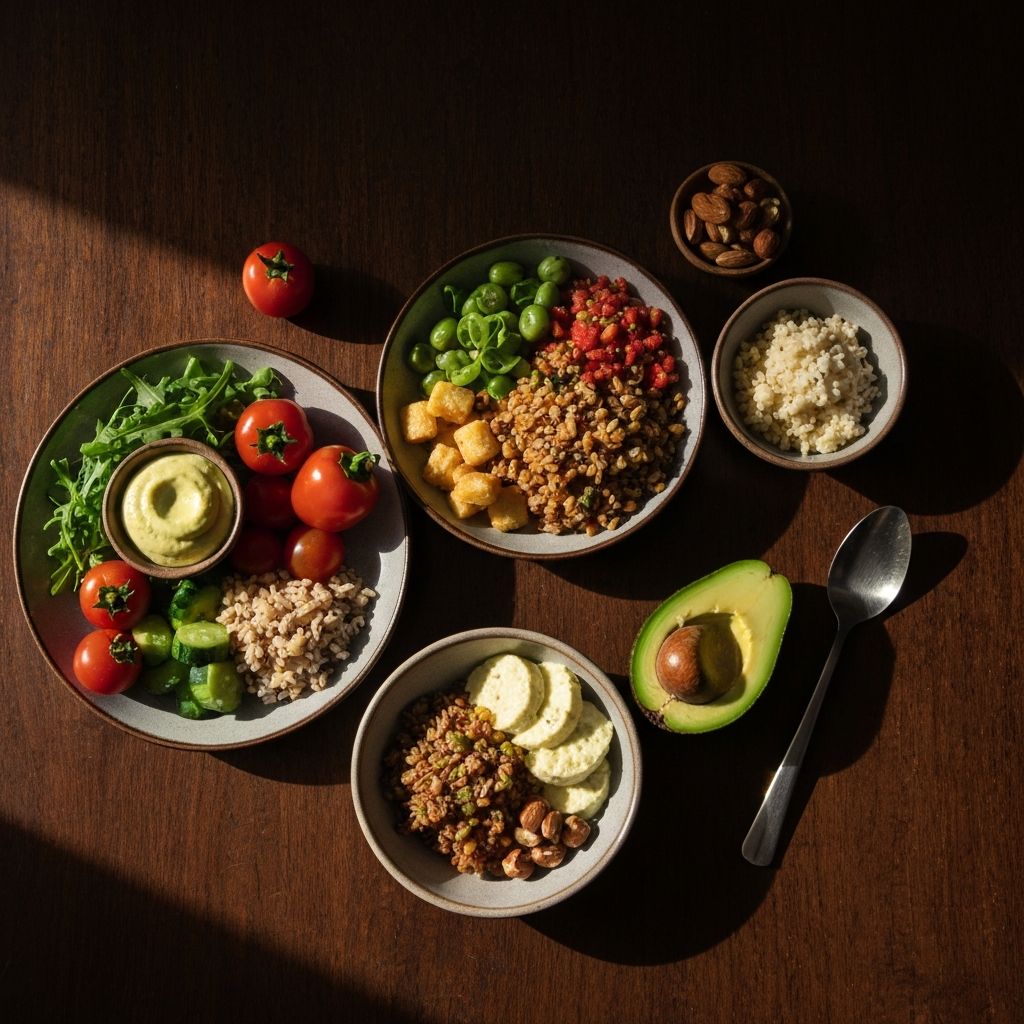 A vibrant balanced meal with fresh ingredients under warm directional light